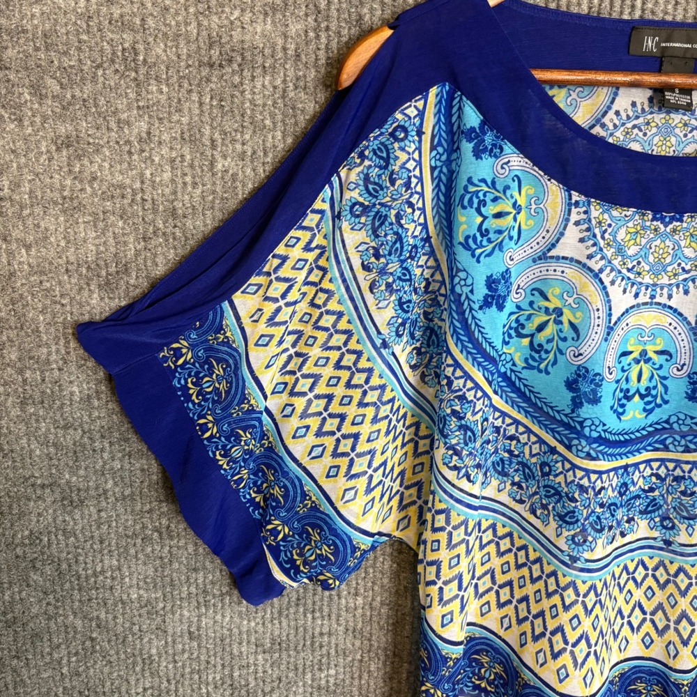 INC International Concepts Blue Paisley Cold Shoulder Tie Front Top Size S - Picture 2 of 4